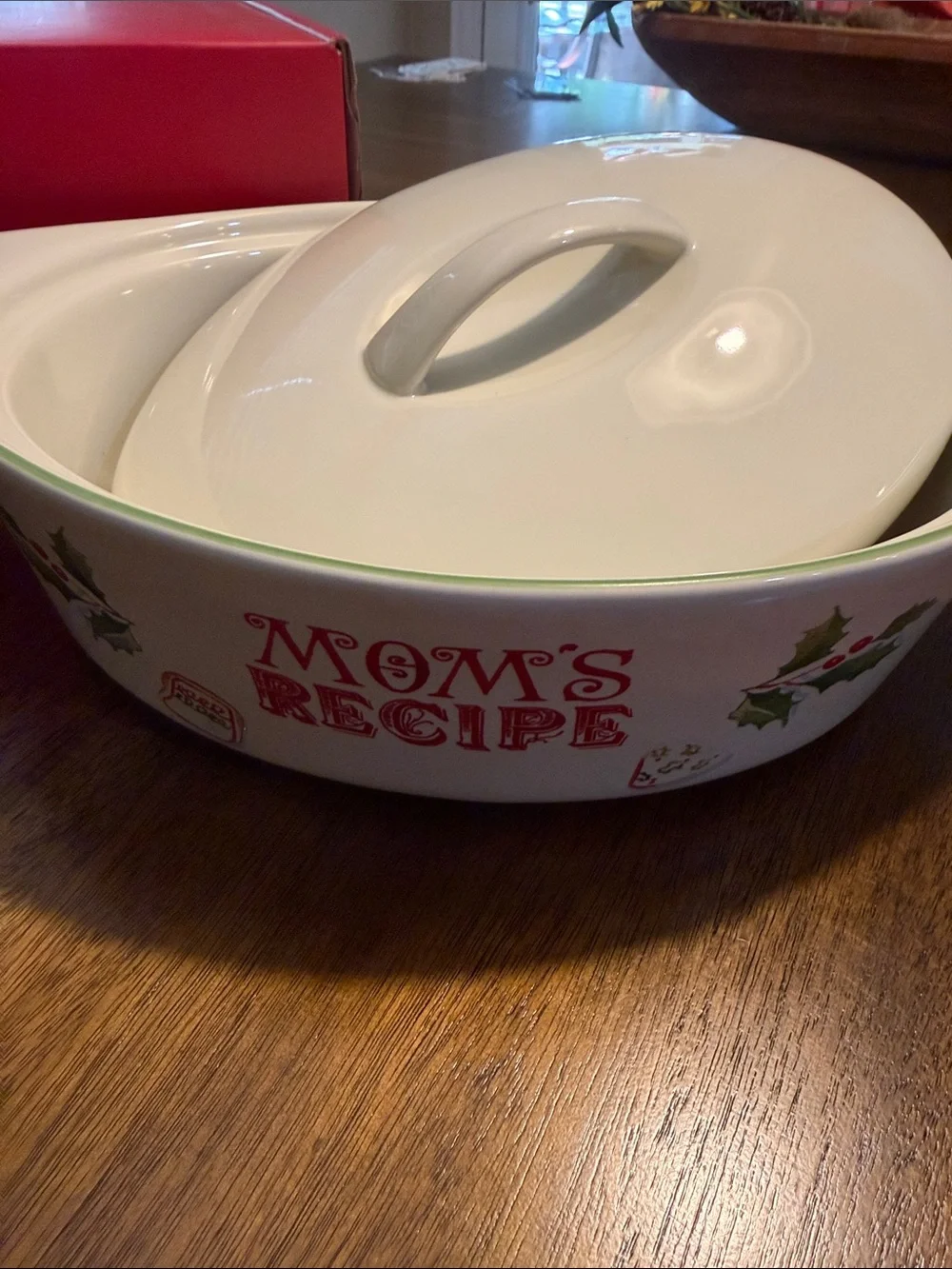 Lenox White Covered Casserole Dish with Red Lettering and Green Holly Accents